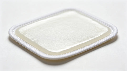 Close-up of hot melt adhesive layer on the back of iron-on custom patch