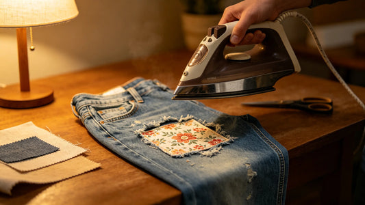 DIY repair with iron-on patch covering a hole in jeans for daily wear
