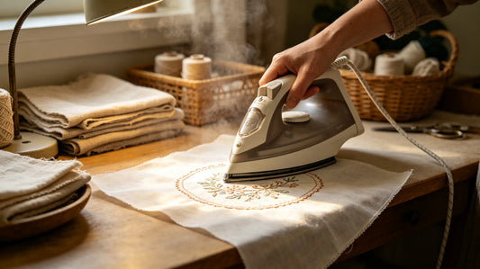 DIY demonstration photograph of applying heat to custom iron‑on embroidered patch with household iron
