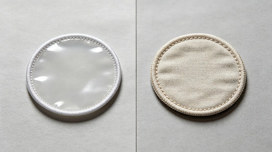 Direct comparison between iron‑on heat seal backed patch and plain sew‑on patch showing their different rear surfaces