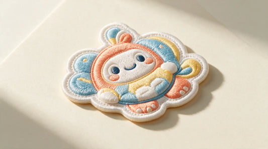 Single lovely pet themed 3D raised foam embroidered patch, bright warm studio product shot, delicate layered embroidery relief.