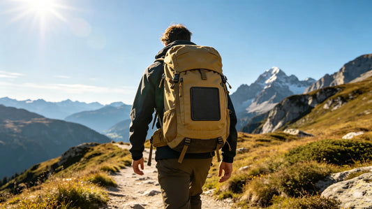 Hiking backpack displaying a big durable custom rubber patch on the main front panel