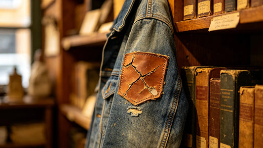 Distressed leather patch on denim jacket for retro rustic style