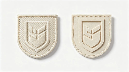 Merrow wrapped border patch and plain die-cut patch placed for direct edge contrast