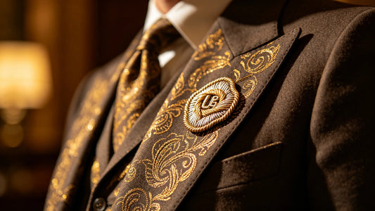 Shiny gold metallic thread patch on club blazer for luxury membership style