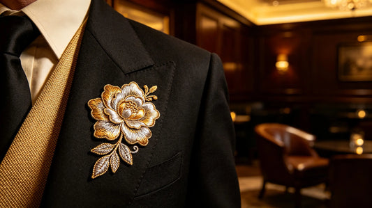 Shiny metallic thread embroidery patch on formal blazer for high-end club pride