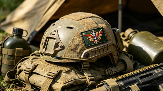 Tactical helmet with custom embroidered morale patch at military camp