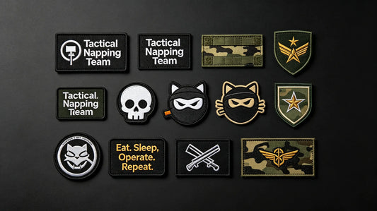 Diverse collection of tactical morale patches with creative patterns and slogans