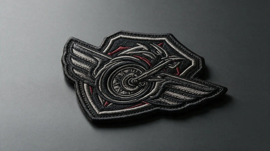 Single rugged biker 3D raised foam embroidered patch, dark tone studio product shot, pronounced layered embroidery relief.