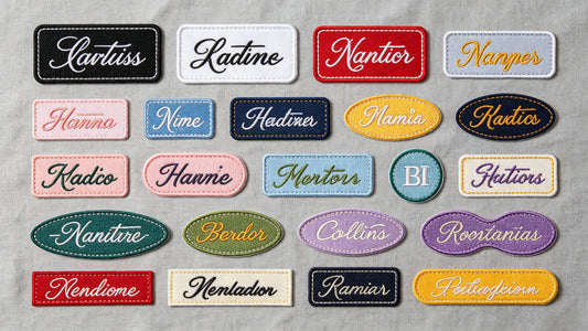 Assorted embroidered custom name patches with different fonts and colors