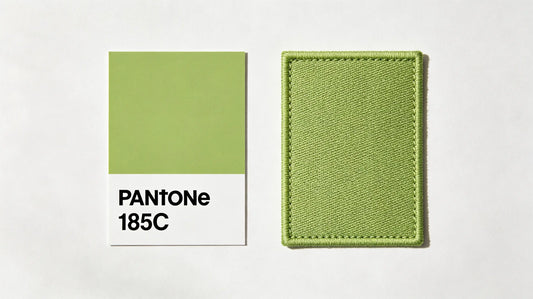 Buyer comparing finished patch color against standard Pantone printed swatch book