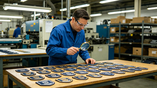 Inspector conducting comprehensive quality check on finished custom patches