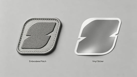 Side by side display of custom patches and printed stickers