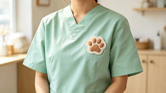 Paw print brand 3D puff embroidery patch sewn on left chest of light mint pet grooming smock, bright pet salon background.