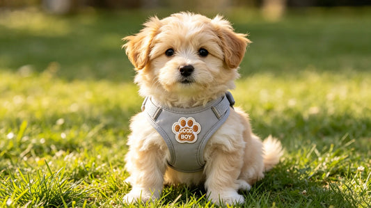 Cute paw print 3D puff embroidery patch sewn on the center chest of grey nylon dog harness, outdoor lawn scene.