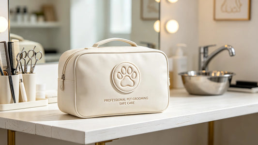 3D embroidered pet salon badge stitched on professional waterproof pet grooming tool bag at tidy grooming station.