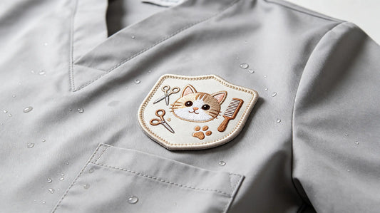 Close‑up of custom pet grooming 3D embroidered patch sewn onto light grey groomer smock, with subtle water droplets and clean fabric texture
