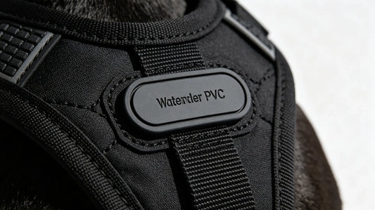 Removable custom PVC rubber name patch fixed on upper‑back panel of black outdoor dog harness