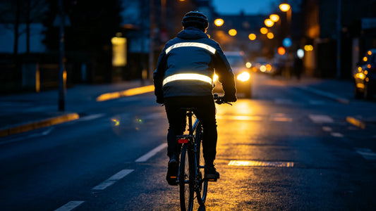 Reflective patches on cyclist jacket for low-light visibility during evening rides