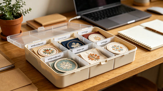 Sorted assorted themed patches classified inside storage boxes for small reseller inventory