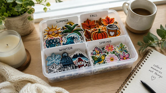 Seasonal custom patches organized in storage box with labeled dividers for reuse