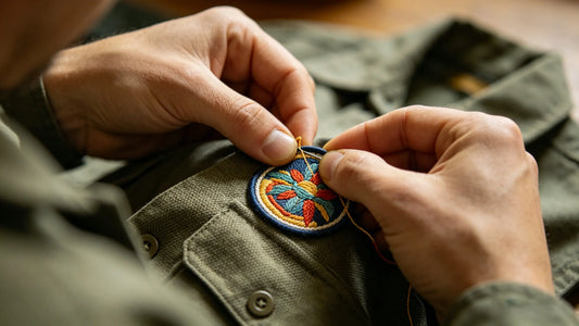 Hand sewing a sew-on embroidered patch on work uniform in daily life
