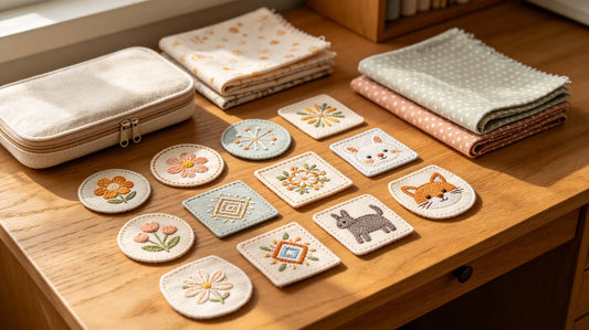 Assorted custom sew on embroidered patches with sewing kit on desk