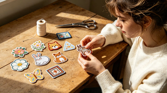 Assorted custom sew on patches and sewing tools flat lay