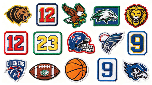 Assorted custom sports team patches for basketball, football and soccer teams