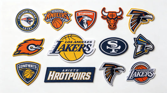 Assorted custom sports team patches for different athletic teams and leagues