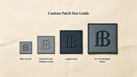 Full range standard custom patch sizes flat lay comparison from mini to XL back patch