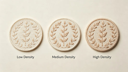 Visual comparison of low, medium, and high stitch density on custom embroidered patches