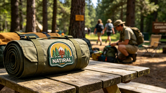 Heavy woven fabric outdoor equipment roll for summer camp, custom 3D foam embroidered patch sewn on outer binding native brand position