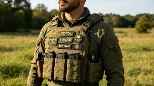 Tactical vest with custom PVC rubber velcro patches outdoors