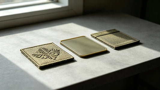 Side‑by‑side material comparison of embroidered, PVC and woven tactical morale patches on work desk