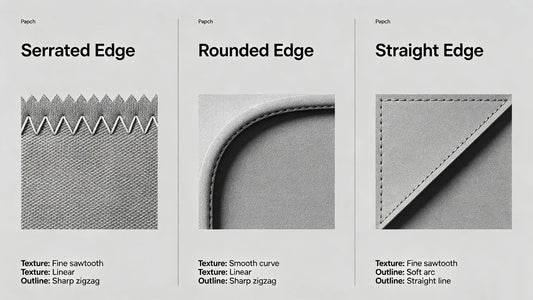 Side-by-side display of merrow edge, heat cut and borderless patches