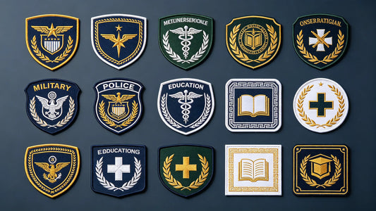Various official uniform patches for different industries and teams
