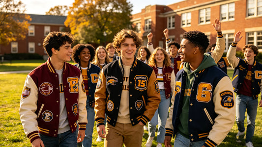 Vintage chenille patches on varsity jackets for school team spirit
