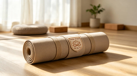 3D embroidered yoga studio badge attached to a yoga mat strap on wooden studio floor.