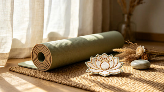 Soft low‑profile 3D embroidered yoga studio badge resting beside rolled natural rubber yoga mat inside sunlit indoor meditation space.