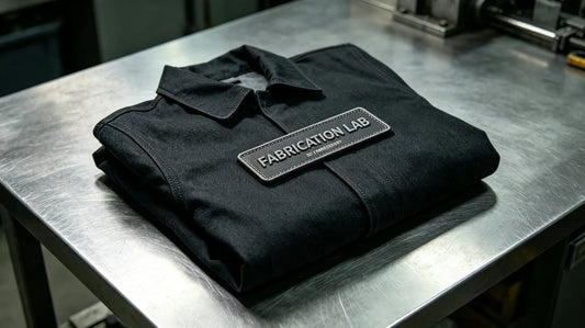 Industrial company logo 3D puff embroidery patch resting on heavy canvas mechanic jacket laid on metal workshop workbench, moody industrial ambient lighting.