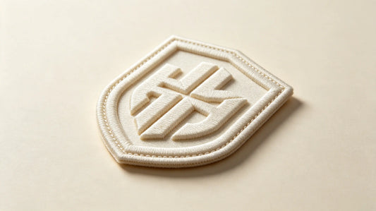 Single professional corporate workwear 3D raised foam embroidered patch, bright clean studio product shot, neat layered stereo embroidery texture.