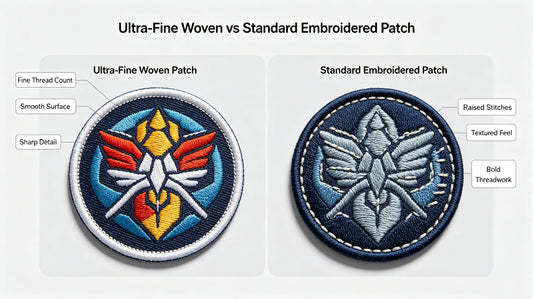 Visual detail comparison between high-resolution custom woven patch and textured embroidered patch