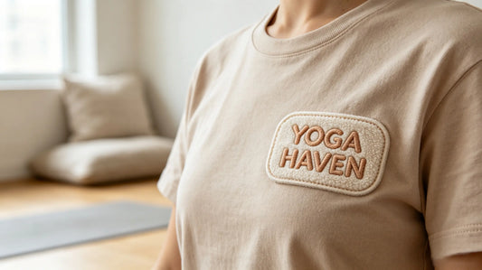 Close‑up of custom yoga‑wellness 3D embroidered patch sewn onto soft heather sand‑colored cotton instructor tee