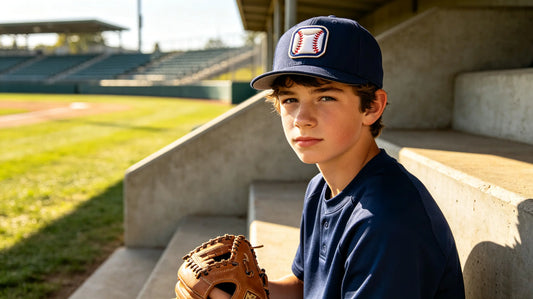 Youth baseball player wearing a navy team cap with the same 3D embroidered baseball patch, standing on a sunlit dugout step