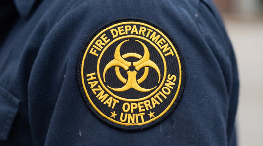 A professional woven Fire Department patch for Hazmat Operations, featuring a biohazard symbol and intricate embroidery with a clean merrowed border.