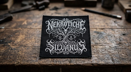 A micro close-up shot of an oversized embroidered black metal style band patch, lying perfectly flat with no warping on a rustic dark wooden surface. Highlighting the intricate thread texture and gothic typography.