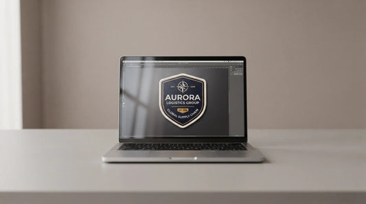 A sleek, minimalist workspace featuring a laptop displaying a custom patch digital mockup on a clean, uncluttered desk and background.