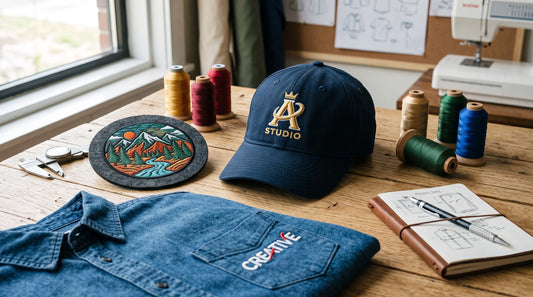 An artful arrangement of various apparel samples (hats, patches, jacket pieces) showcasing diverse, high-quality 3D puff embroidery designs.
