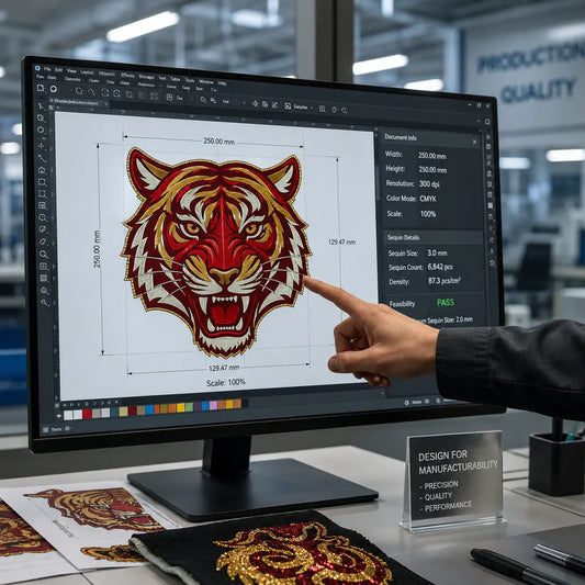 Engineer verifying vector art resolution and specifications for custom sequin patches production.
